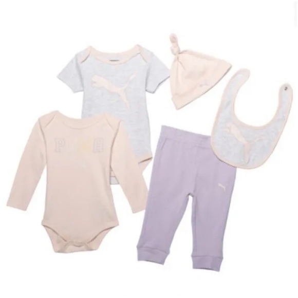 Puma Baby Girl Bodysuits, Joggers, Hat & Bib Outfit Set 3-6M -5 Pc Purple / Gray - Picture 1 of 6